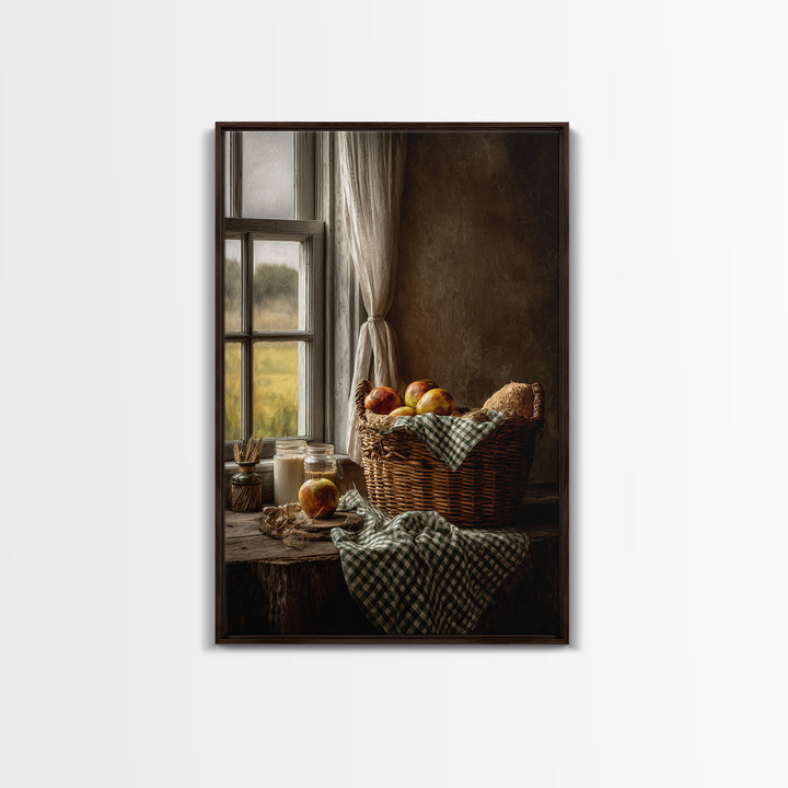 Apple Basket with Gingham Cloth Canvas Print, Farmhouse Art, Digital Prints, Farmhouse Decor, Harvest, Watercolor Painting, FAR-2x3-67