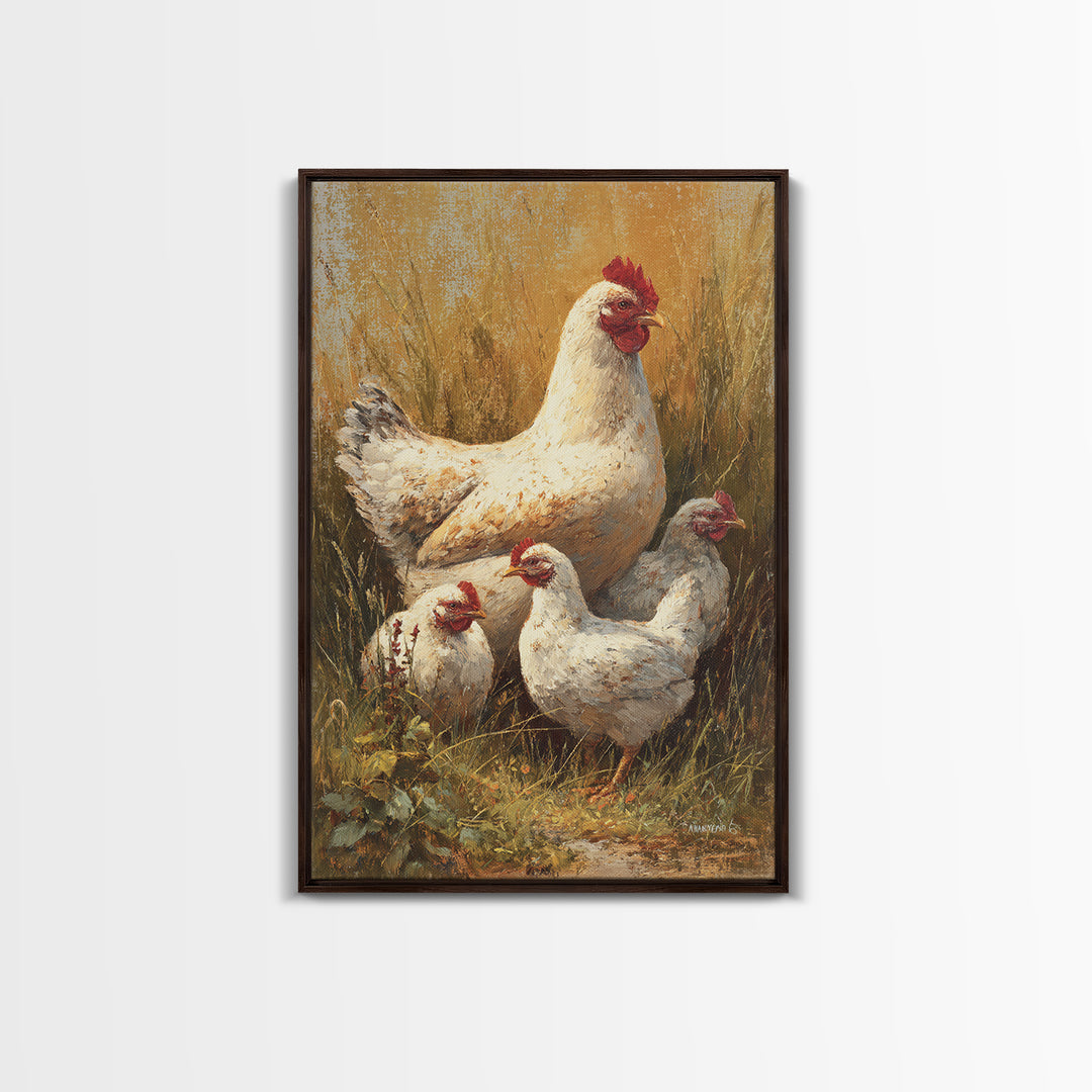 Chicken Family in a Garden Patch Canvas Print, Farmhouse Art, Farmhouse Decor, Oil Painting, Harvest, Sage Green Wall Art, FAR-2x3-71