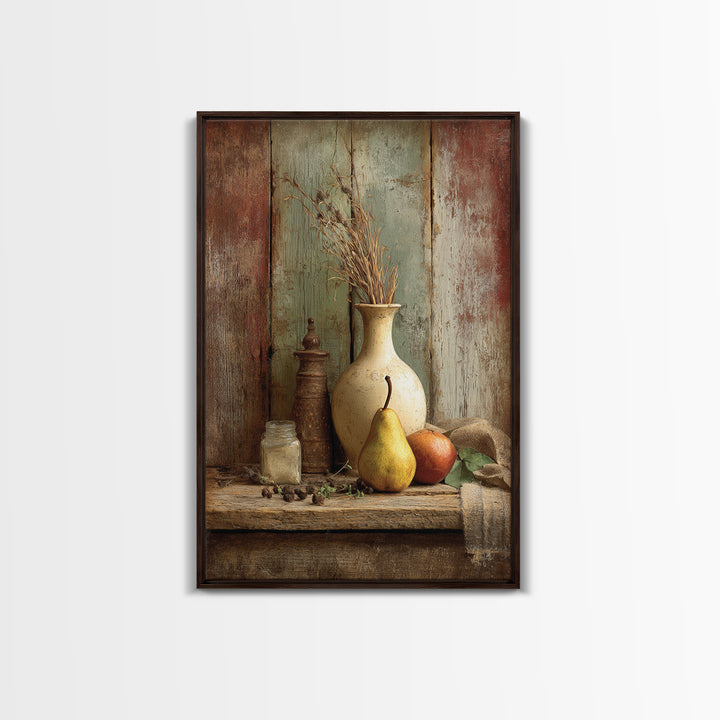 Rustic Pear Still Life on Plank Wood Framed Canvas Print, Farmhouse Art, Digital Art, Farmhouse Decor, Fine Art, Harvest, FAR-2x3-75