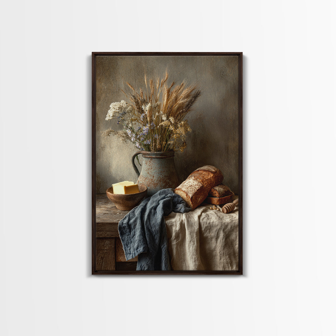 Fresh Bread Honey and Butter Still Life Framed Canvas Print, Farmhouse Art, Black Wall Art, Farmhouse Decor, Oil Painting, FAR-2x3-8