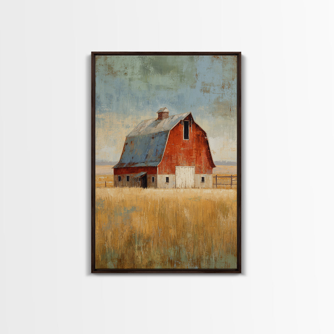 Rustic Barn in Golden Field Light Canvas Print, Farmhouse Art, Digital Prints, Farmhouse Decor, Harvest, Watercolor Painting, FAR-2x3-82