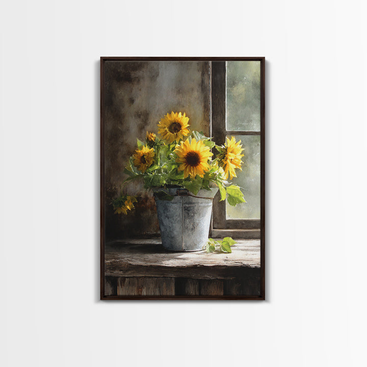 Sunflowers in a Galvanized Metal Bucket Framed Canvas Print, Farmhouse Art, Living Room Decor, Farmhouse Decor, Harvest, FAR-2x3-83