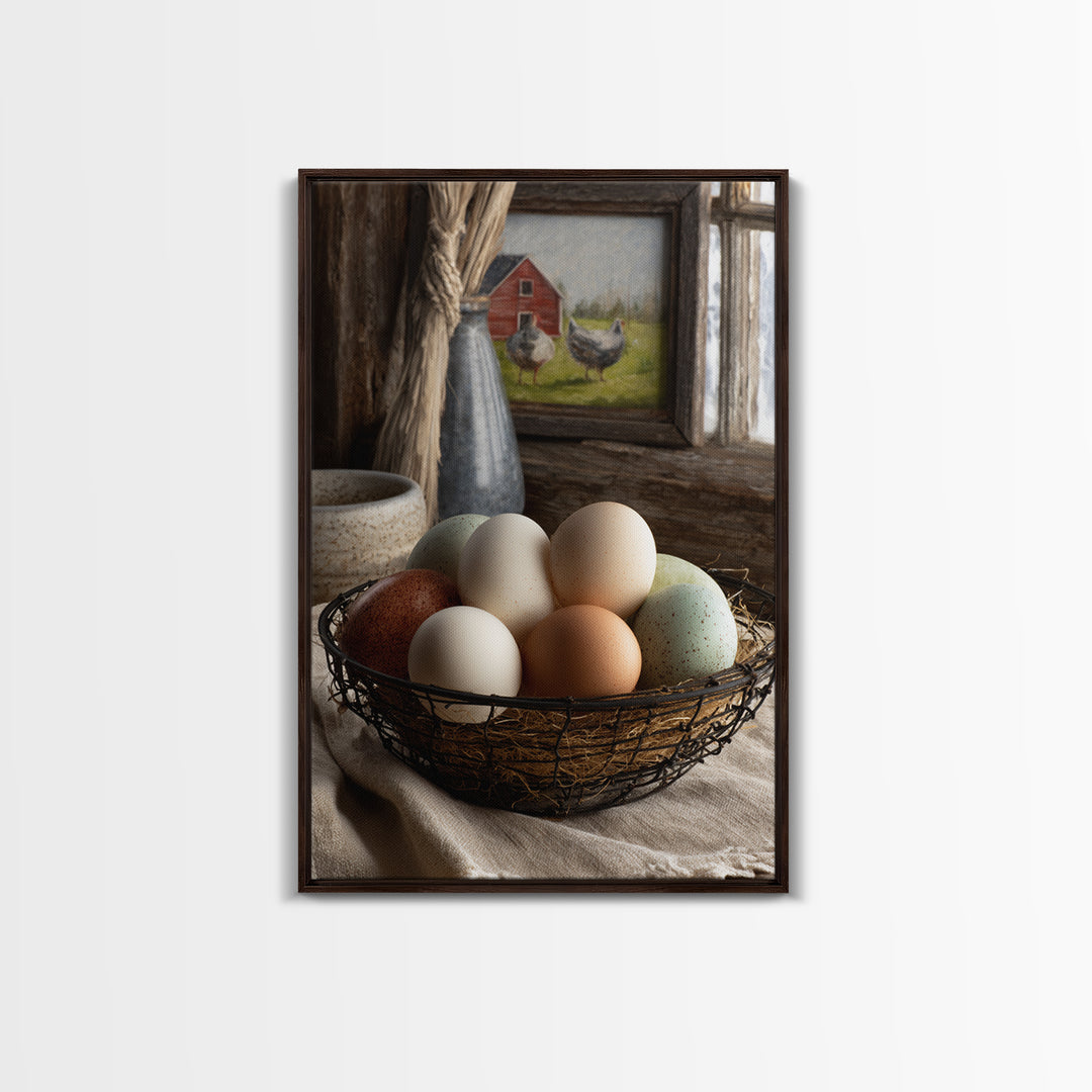 Fresh Eggs in a Wire Basket Canvas Print, Farmhouse Art, Farmhouse Decor, Abstract Art, Harvest, Sage Green Wall Art, FAR-2x3-86