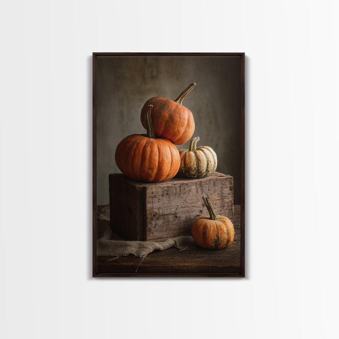 Pumpkins Stacked on a Wooden Crate Framed Canvas Print, Farmhouse Art, Digital Print, Farmhouse Decor, Fine Art, Harvest, FAR-2x3-93