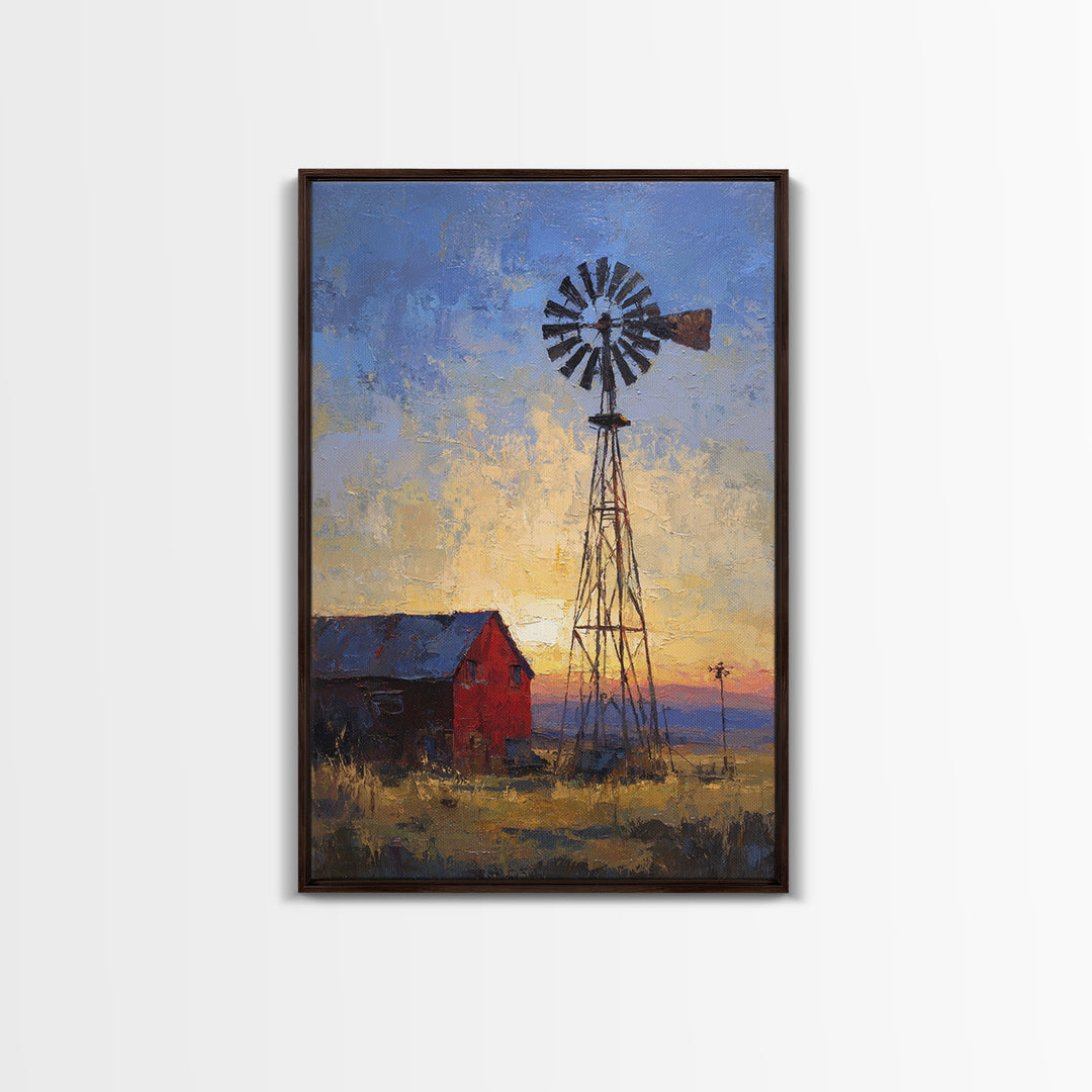 Windmill Silhouette at Sunset Framed Canvas Print, Farmhouse Art, Printable Art, Farmhouse Decor, Harvest, Landscape Painting, FAR-2x3-97