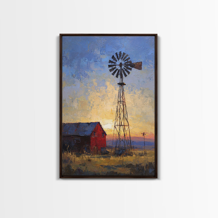 Windmill Silhouette at Sunset Framed Canvas Print, Farmhouse Art, Printable Art, Farmhouse Decor, Harvest, Landscape Painting, FAR-2x3-97