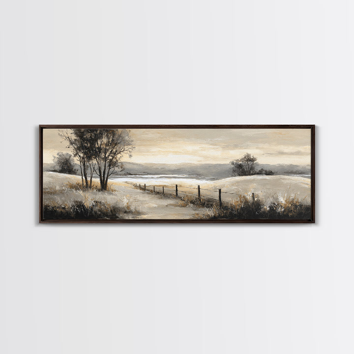 Rustic Barn in Golden Field Light Framed Canvas Print, Farmhouse Art, Oil Painting, Farmhouse Decor, Fine Art, Harvest, FAR-3x1-18