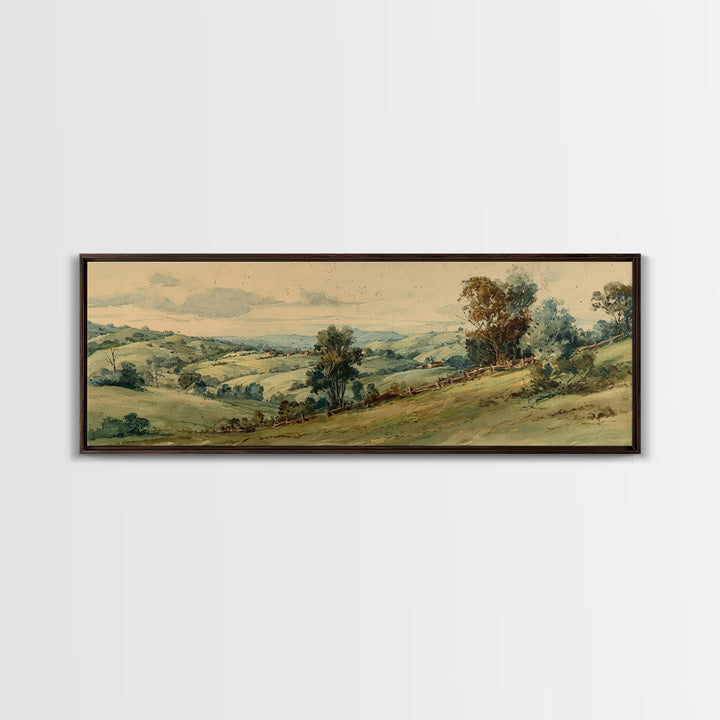 Country Landscape with Fence and Rolling Hills Canvas Print, Farmhouse Art, Farmhouse Wall Decor, Farmhouse Decor, Harvest, FAR-3x1-6