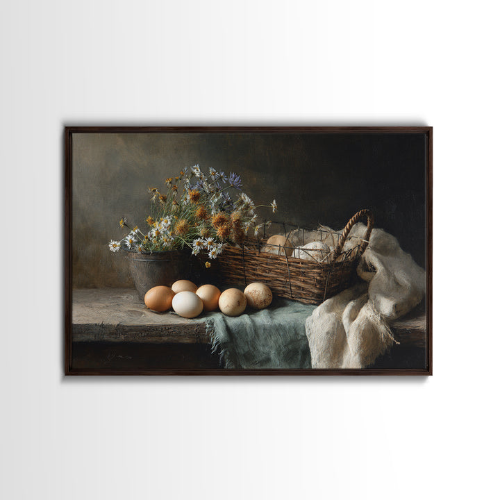 Fresh Eggs in a Wire Basket Framed Canvas Print, Farmhouse Art, Printable Art, Farmhouse Decor, Harvest, Landscape Painting, FAR-3x2-10