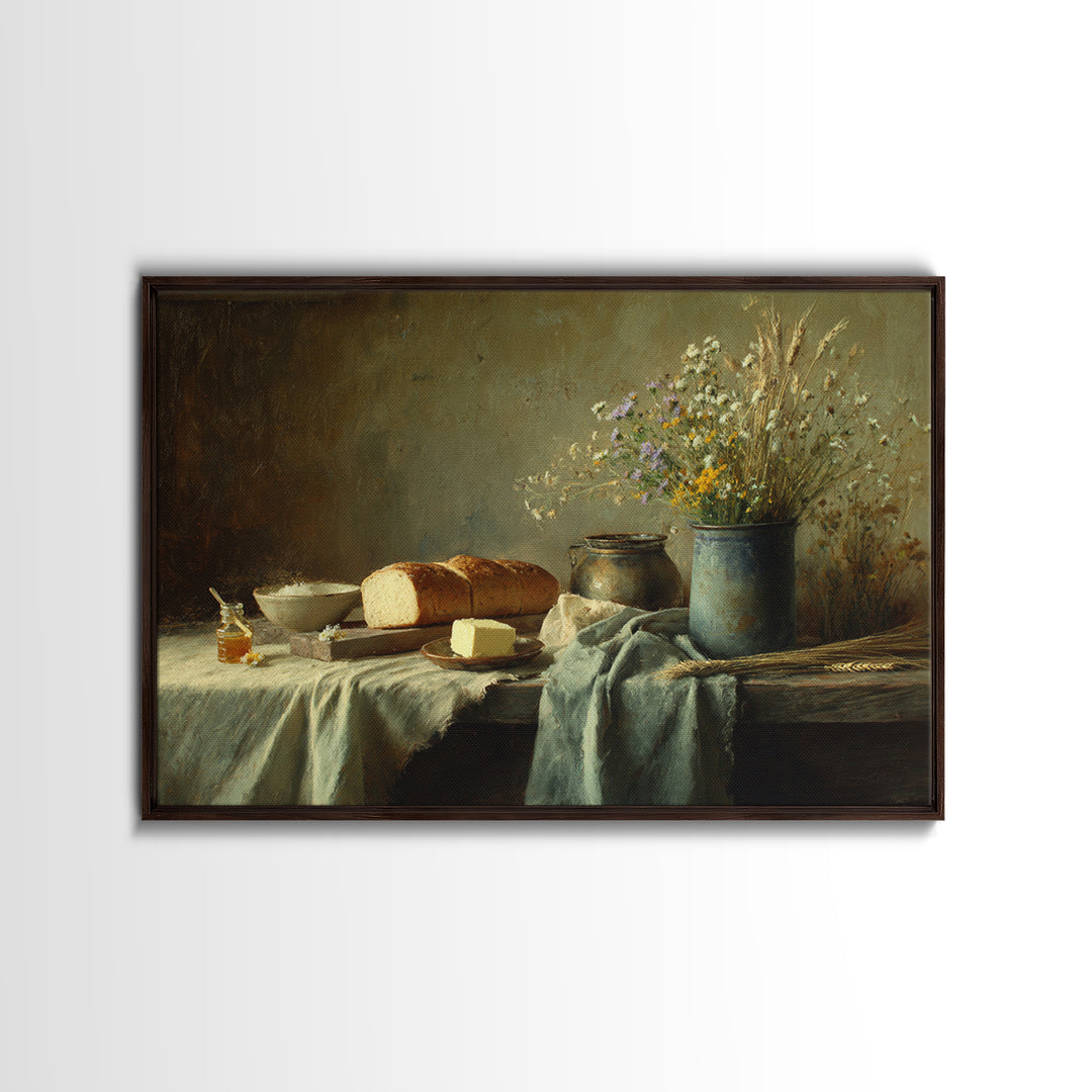 Fresh Bread Honey and Butter Still Life Framed Canvas Print, Farmhouse Art, Fine Art Print, Farmhouse Decor, Oil Painting, FAR-3x2-100