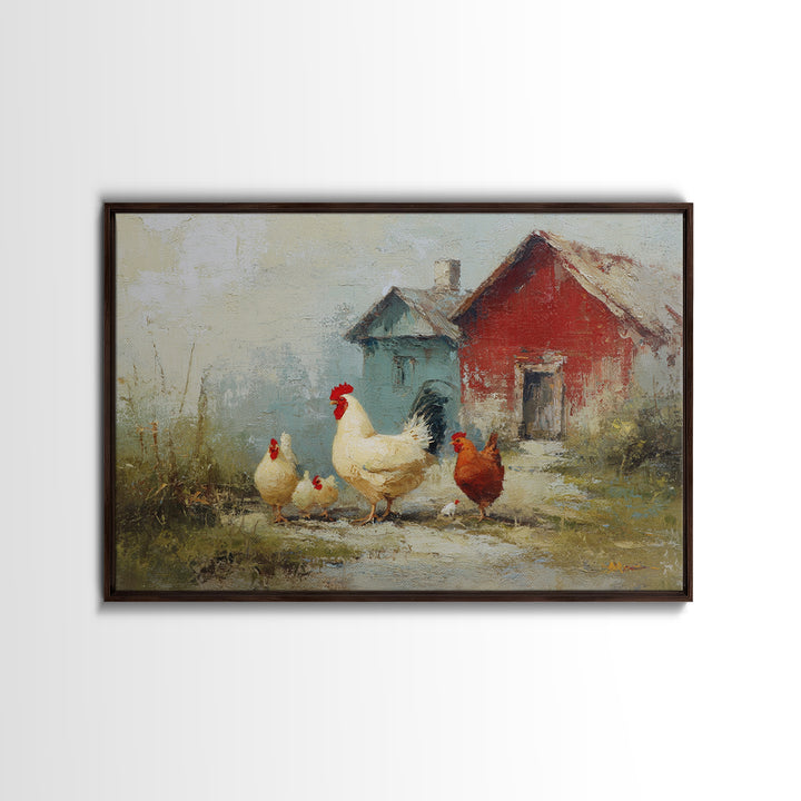 Chicken Family in a Garden Patch Framed Canvas Print, Farmhouse Art, Floral Wall Art, Farmhouse Decor, Fine Art, Harvest, FAR-3x2-19