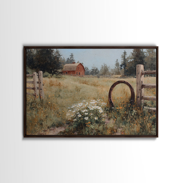 Weathered Horseshoe and Wildflowers Framed Canvas Print, Farmhouse Art, Sage Green Wall Art, Farmhouse Decor, Fine Art, Harvest, FAR-3x2-25