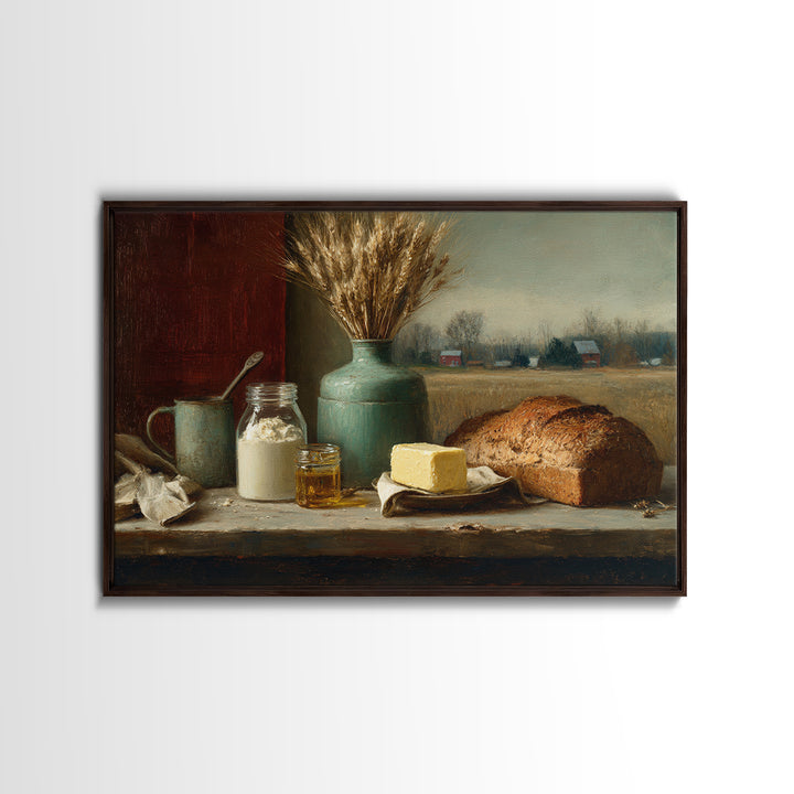Fresh Bread Honey and Butter Still Life Framed Canvas Print, Farmhouse Art, Digital Print, Farmhouse Decor, Fine Art, Harvest, FAR-3x2-28