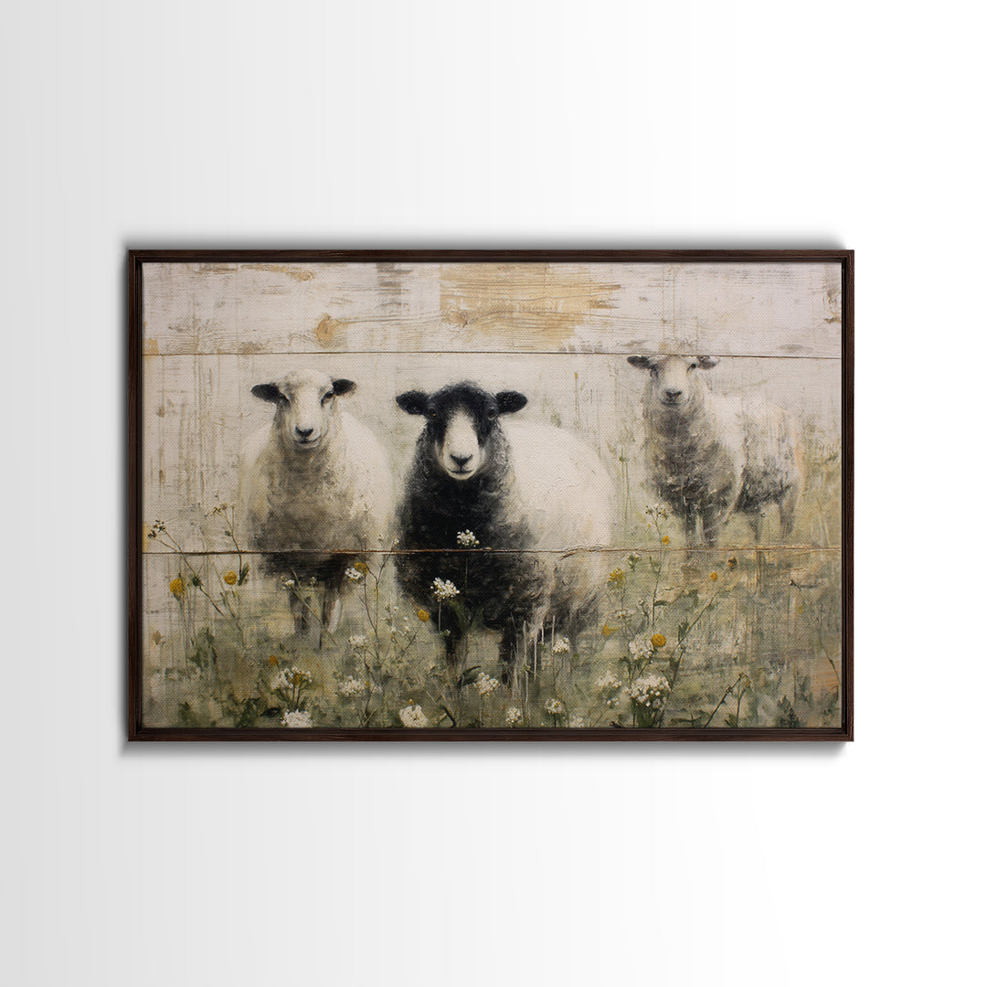 Black and White Sheep Framed Canvas Print, Farmhouse Art, Sage Green Wall Art, Farmhouse Decor, Harvest, Gallery Decor, FAR-3x2-36