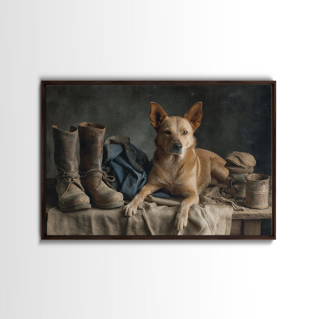 Farm Dog Lying Beside Weathered Boots Canvas Print, Farmhouse Art, Farmhouse Wall Decor, Farmhouse Decor, Oil Painting, Harvest, FAR-3x2-37
