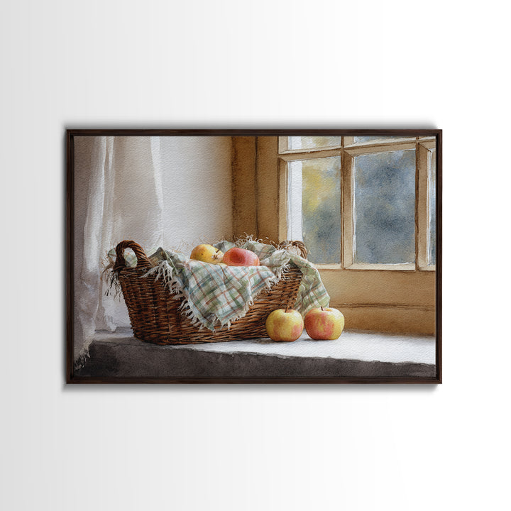 Apple Basket with Gingham Cloth Framed Canvas Print, Farmhouse Art, Neutral Decor, Farmhouse Decor, Fine Art, Harvest, FAR-3x2-39