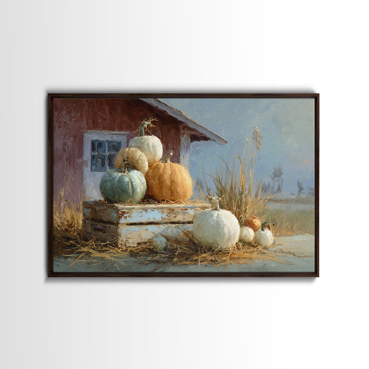 Pumpkins Stacked on a Wooden Crate Framed Canvas Print, Farmhouse Art, Botanical Prints, Farmhouse Decor, Watercolor Art, FAR-3x2-41