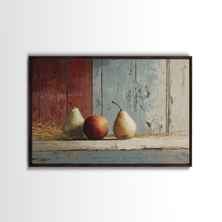 Rustic Pear Still Life on Plank Wood Framed Canvas Print, Farmhouse Art, Room Decor, Farmhouse Decor, Oil Painting, Harvest, FAR-3x2-47
