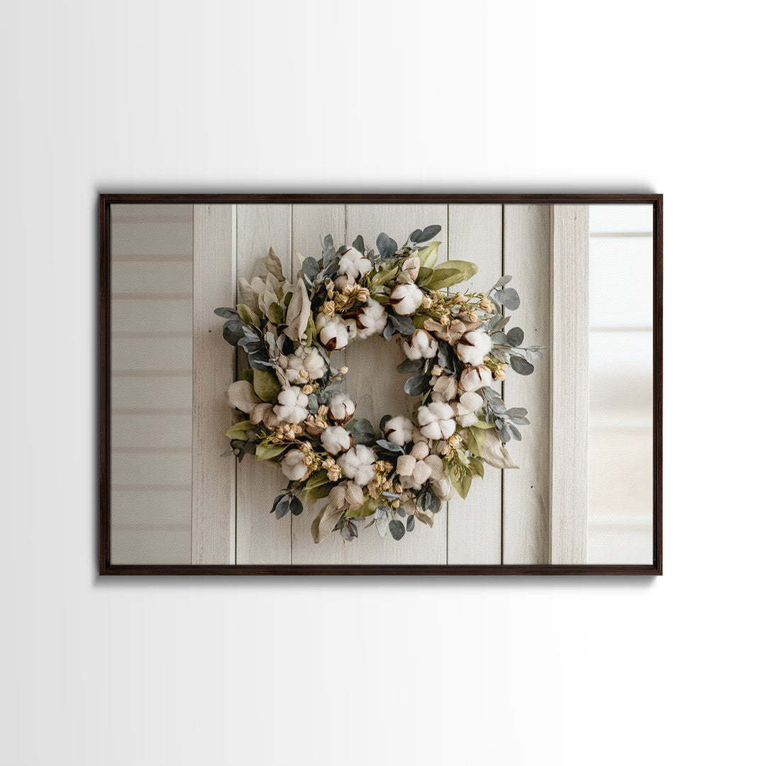 Farmhouse Wreath of Cotton Stems and Eucalyptus Canvas Print, Farmhouse Art, Farmhouse Wall Decor, Farmhouse Decor, Harvest, FAR-3x2-48