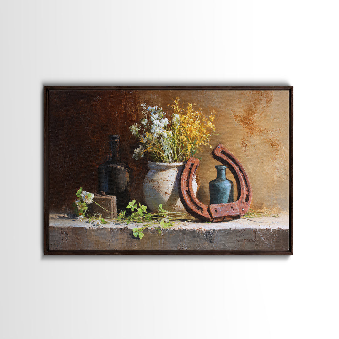 Weathered Horseshoe and Wildflowers Canvas Print, Farmhouse Art, Landscape Painting, Farmhouse Decor, Oil Painting, Harvest, FAR-3x2-49