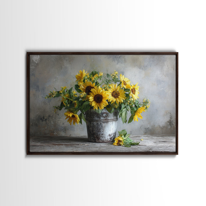Sunflowers in a Galvanized Metal Bucket Framed Canvas Print, Farmhouse Art, Art, Farmhouse Decor, Watercolor Art, Harvest, FAR-3x2-55