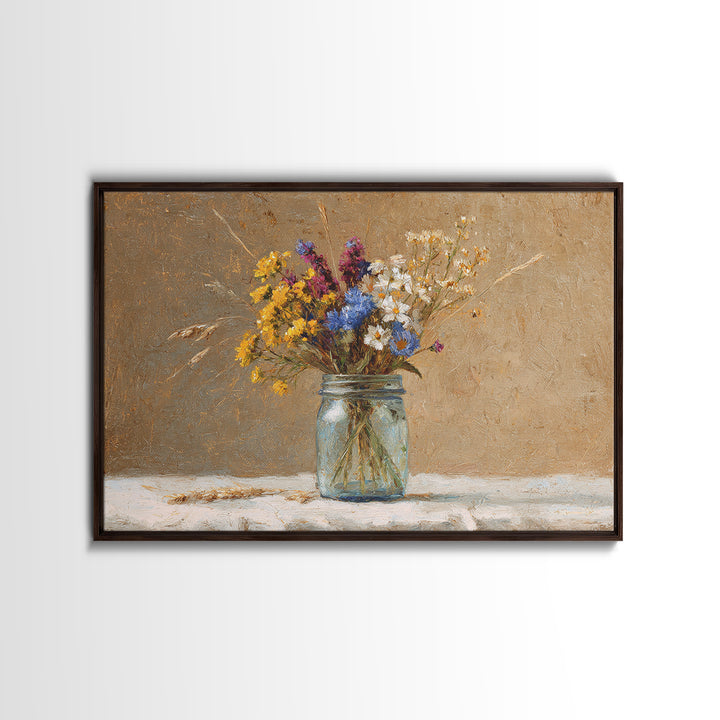 Wildflowers in a Mason Jar on Linen Framed Canvas Print, Farmhouse Art, Art Print, Farmhouse Decor, Fine Art, Harvest, FAR-3x2-59