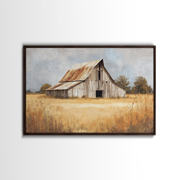 Rustic Barn in Golden Field Light Framed Canvas Print, Farmhouse Art, Digital Print, Farmhouse Decor, Fine Art, Harvest, FAR-3x2-6