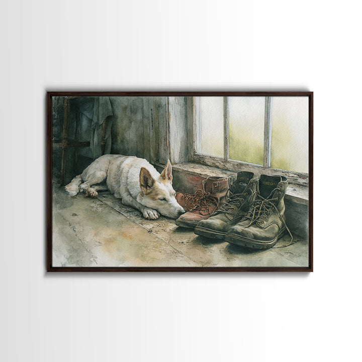 Farm Dog Lying Beside Weathered Boots Canvas Print, Farmhouse Art, Farmhouse Wall Decor, Farmhouse Decor, Oil Painting, Harvest, FAR-3x2-61