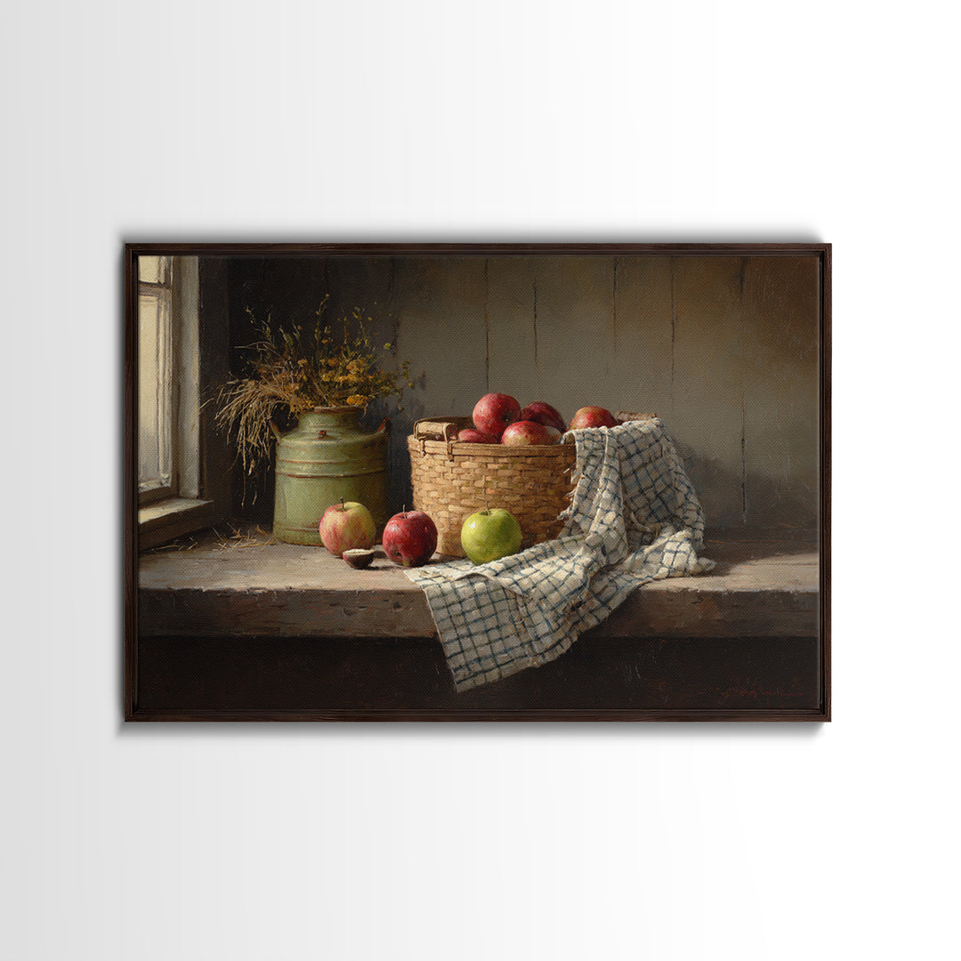 Apple Basket with Gingham Cloth Framed Canvas Print, Farmhouse Art, Digital Print, Farmhouse Decor, Fine Art, Harvest, FAR-3x2-63