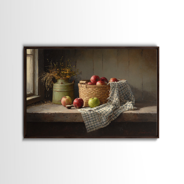 Apple Basket with Gingham Cloth Framed Canvas Print, Farmhouse Art, Digital Print, Farmhouse Decor, Fine Art, Harvest, FAR-3x2-63