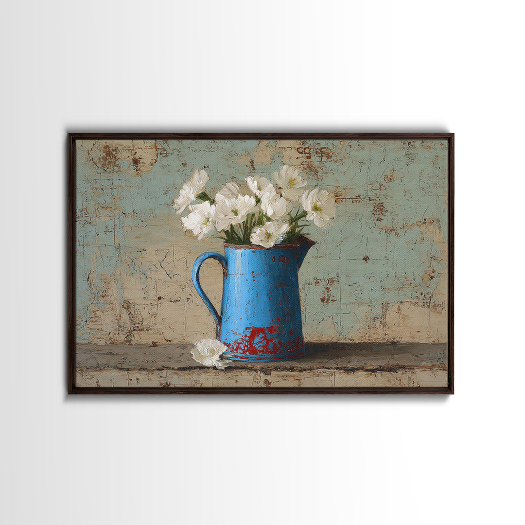 Blue Enamel Pitcher Canvas Print, Farmhouse Art, Neutral Decor, Farmhouse Decor, Oil Painting, Harvest, Wall Art, Home Decor, FAR-3x2-68