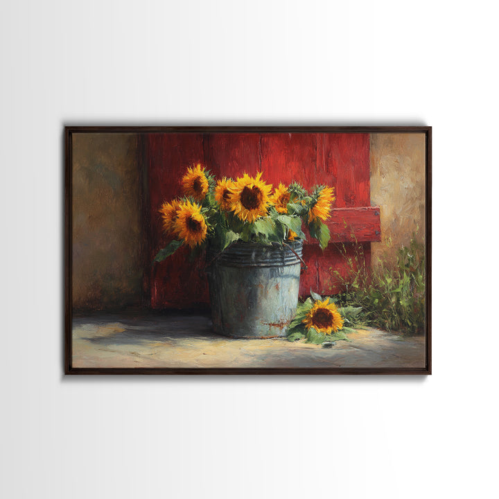 Sunflowers in a Galvanized Metal Bucket Framed Canvas Print, Farmhouse Art, Home Decor, Farmhouse Decor, Fine Art, Harvest, FAR-3x2-7