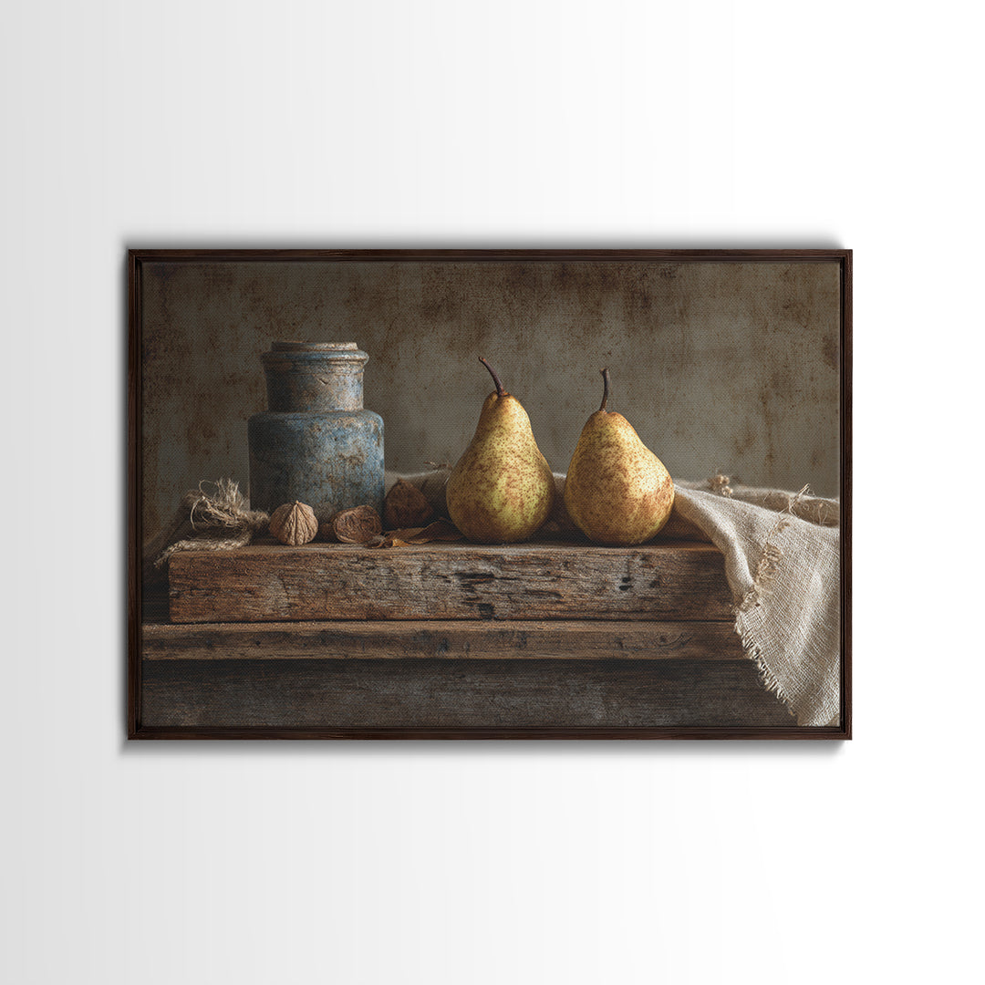 Rustic Pear Still Life on Plank Wood Framed Canvas Print, Farmhouse Art, Sage Green Wall Art, Farmhouse Decor, Watercolor Art, FAR-3x2-71