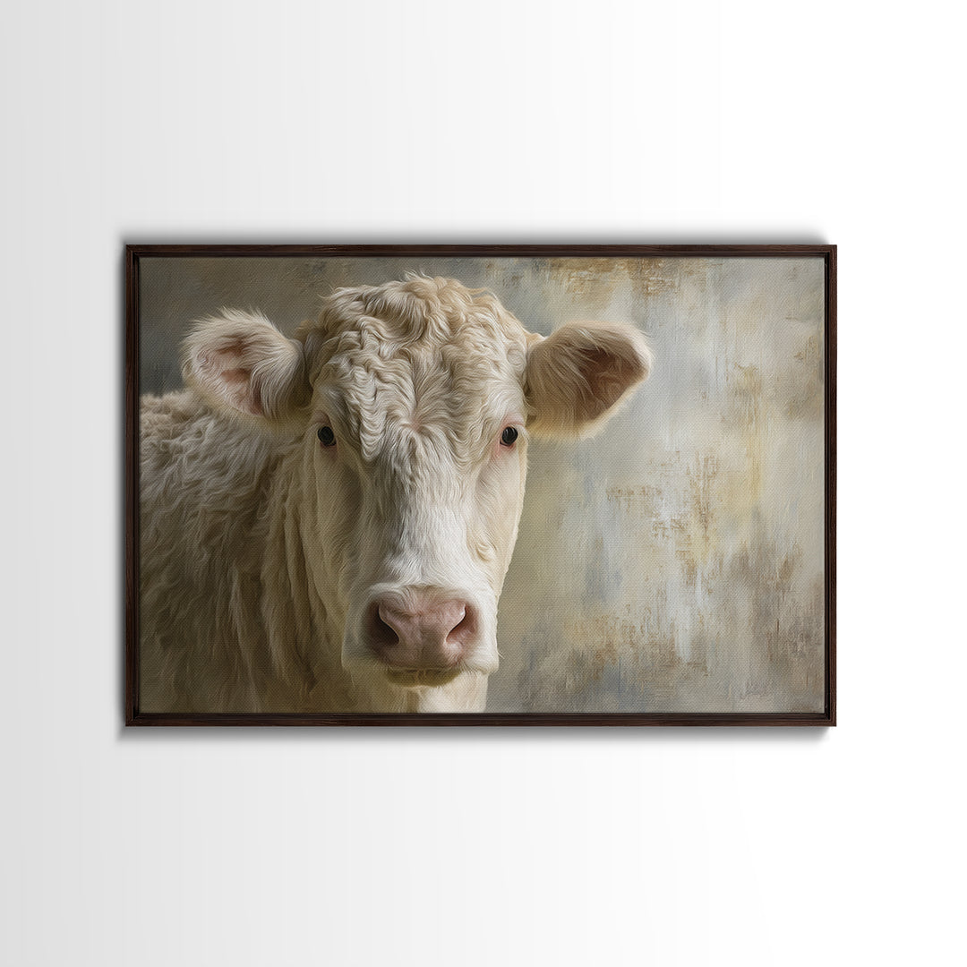 White Cow Portrait Framed Canvas Print, Farmhouse Art, Gallery Decor, Farmhouse Decor, Oil Painting, Harvest, Contemporary Art, FAR-3x2-77