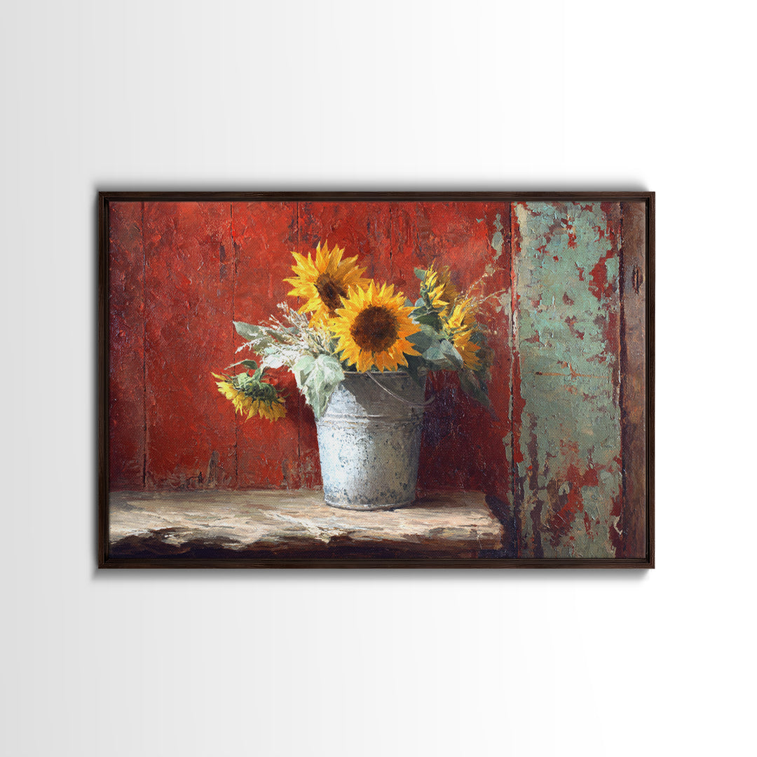 Sunflowers in a Galvanized Metal Bucket Framed Canvas Print, Farmhouse Art, Gallery Wall, Farmhouse Decor, Watercolor Art, FAR-3x2-79