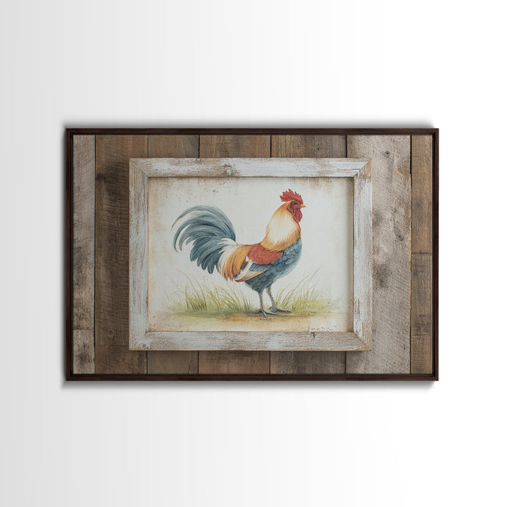 Rooster Painted in Cheerful Folk Colors Framed Canvas Print, Farmhouse Art, Printable Art, Farmhouse Decor, Oil Painting, FAR-3x2-8