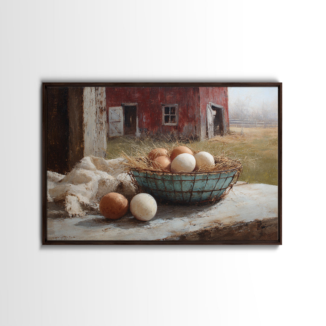 Fresh Eggs in a Wire Basket Framed Canvas Print, Farmhouse Art, Floral Wall Art, Farmhouse Decor, Oil Painting, Harvest, FAR-3x2-82
