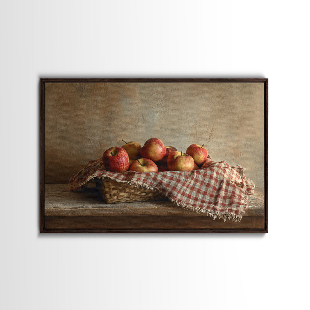 Apple Basket with Gingham Cloth Framed Canvas Print, Farmhouse Art, Fine Art Print, Farmhouse Decor, Fine Art, Harvest, FAR-3x2-87