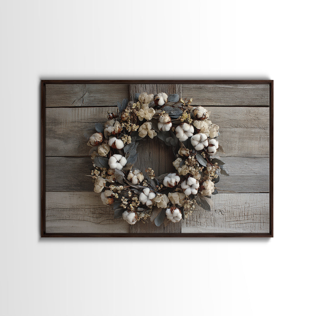 Farmhouse Wreath of Cotton Stems and Eucalyptus Framed Canvas Print, Farmhouse Art, Art Print, Farmhouse Decor, Harvest, FAR-3x2-96