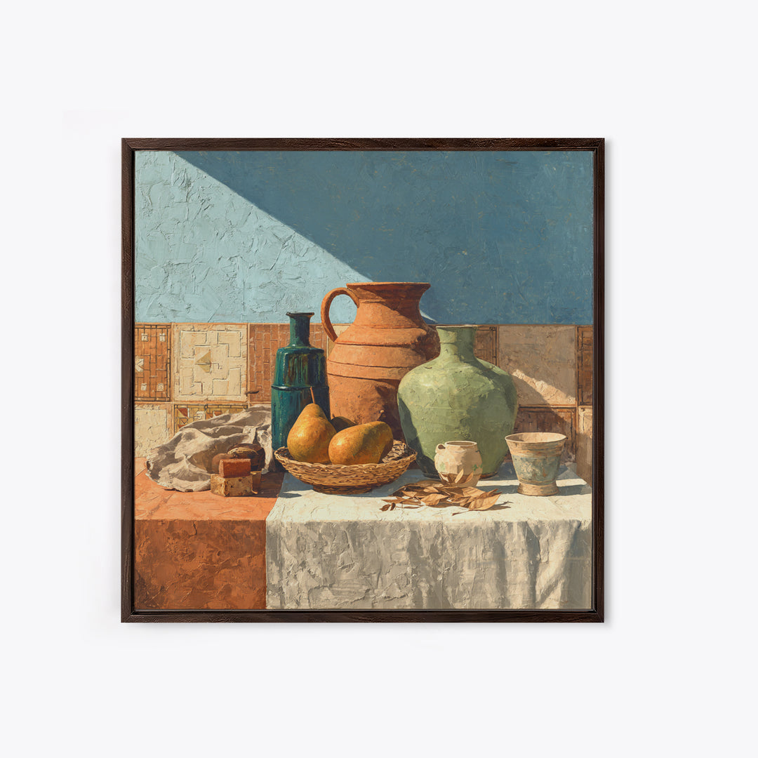 Pear Still Life on Linen Tablecloth Framed Canvas Print, French Country Art, Above Bed Art, Farmhouse Decor, Abstract Art, FCA-1x1-100