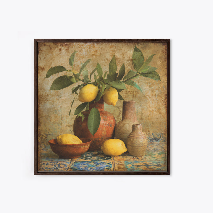 Aged Botanical Plate of Lemons and Leaves Framed Canvas Print, French Country Art, Digital Art, Farmhouse Decor, Oil Painting, FCA-1x1-12
