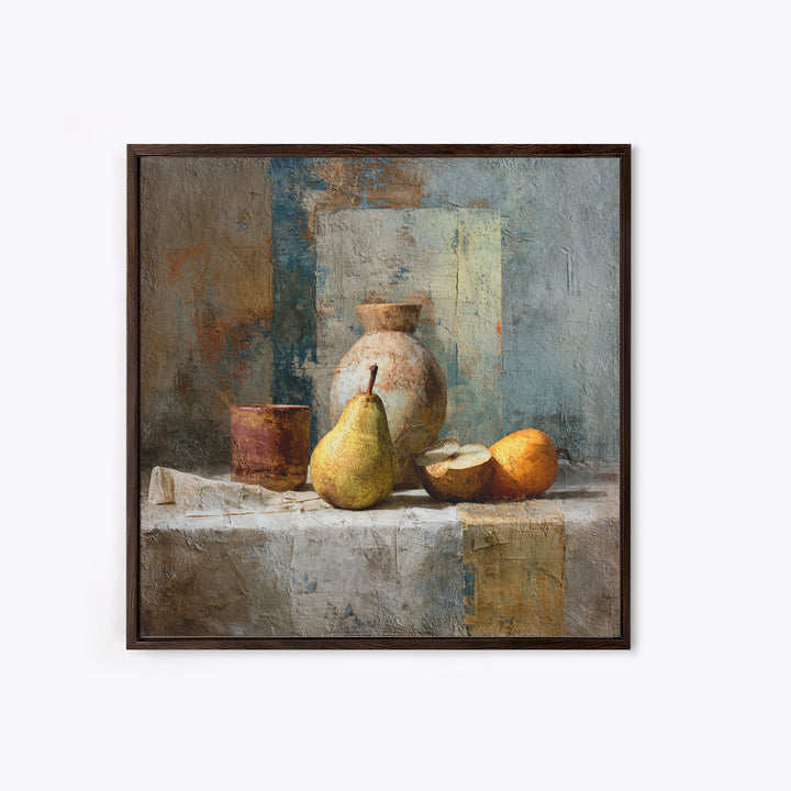 Pear Still Life on Linen Tablecloth Framed Canvas Print, French Country Art, Digital Wall Art, Farmhouse Decor, Country, FCA-1x1-28