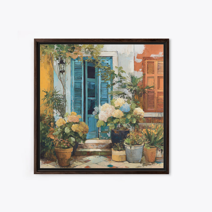 Soft Hydrangeas Beside Antique Shutters Framed Canvas Print, French Country Art, Home Decor, Farmhouse Decor, Fine Art, Country, FCA-1x1-32