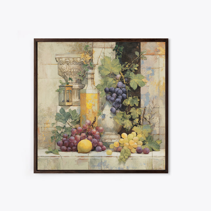 Grapes and Wine Still Life Framed Canvas Print, French Country Art, French Country Decor, Farmhouse Decor, Abstract Art, FCA-1x1-33