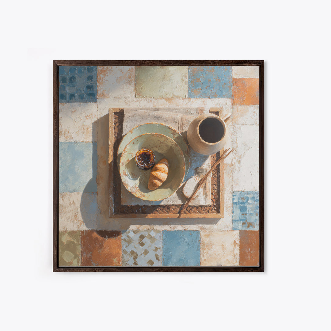 Caf Au Lait Bowl Framed Canvas Print, French Country Art, Digital Art Prints, Farmhouse Decor, Watercolor Art, Country, FCA-1x1-34