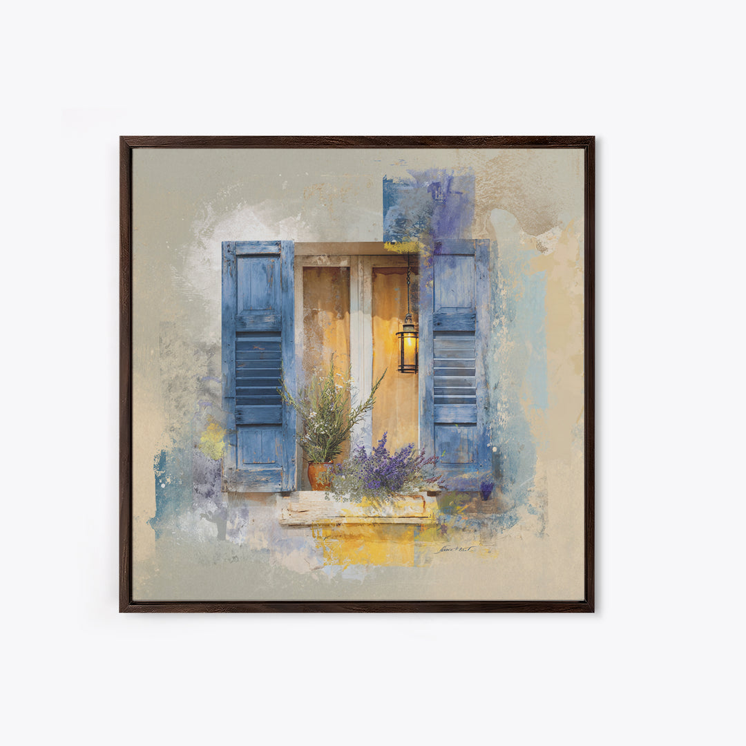 Weathered Window with Blue Shutters Canvas Print, French Country Art, Botanical Wall Art, Farmhouse Decor, Watercolor Art, FCA-1x1-45