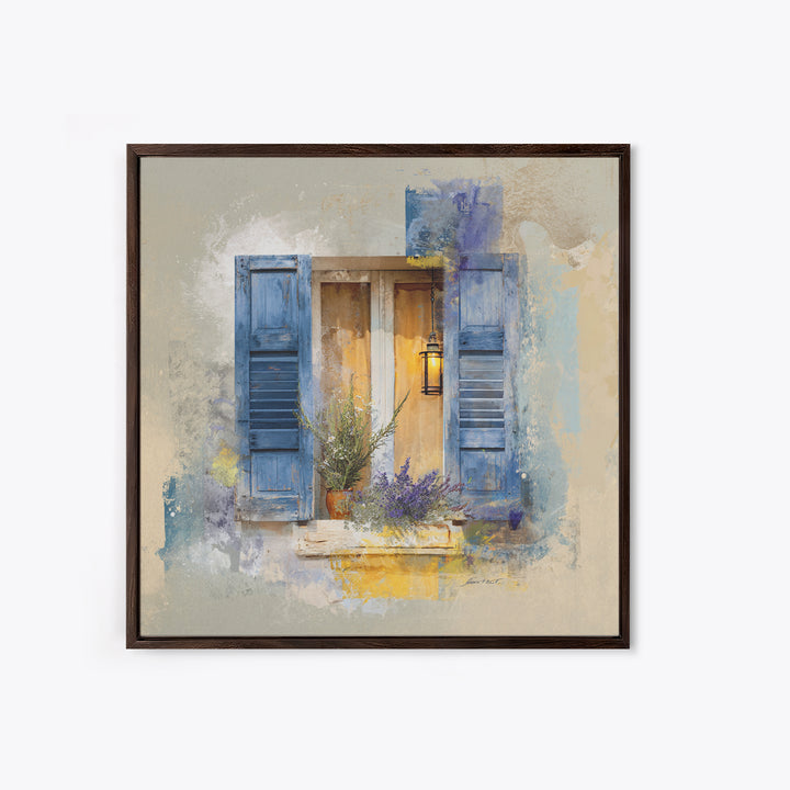 Weathered Window with Blue Shutters Canvas Print, French Country Art, Botanical Wall Art, Farmhouse Decor, Watercolor Art, FCA-1x1-45