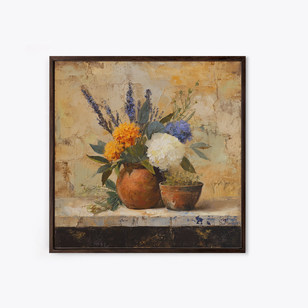 Antique Copper Pot and Flowers Still Life Framed Canvas Print, French Country Art, Wall Art, Farmhouse Decor, Oil Painting, FCA-1x1-48