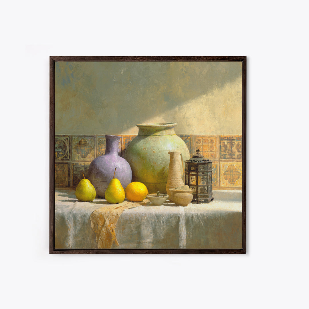 Pear Still Life on Linen Tablecloth Framed Canvas Print, French Country Art, Digital Art Prints, Farmhouse Decor, Abstract Art, FCA-1x1-52