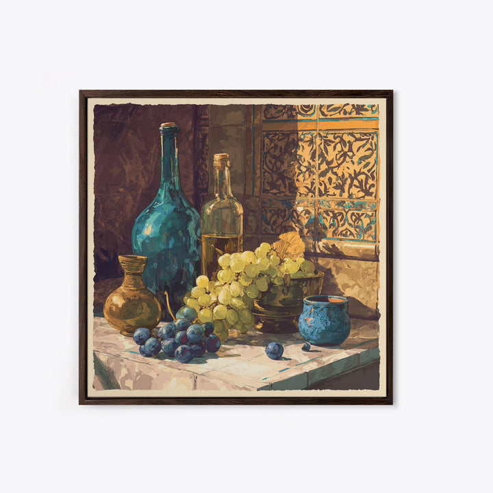Grapes and Wine Still Life Framed Canvas Print, French Country Art, French Country Decor, Farmhouse Decor, Abstract Art, FCA-1x1-57